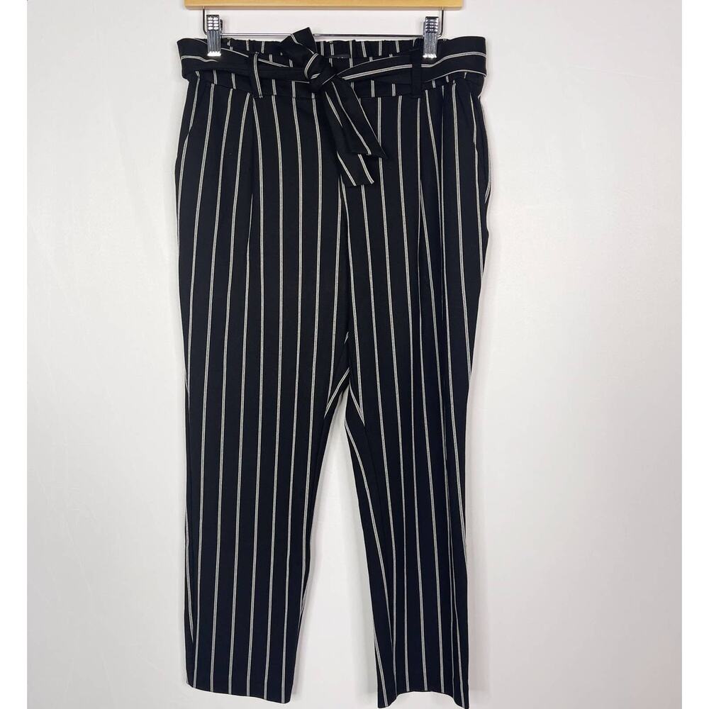 Violets & Roses Womens 29 Black White Striped Tapered Pants Tie Waist Belt Sz 8